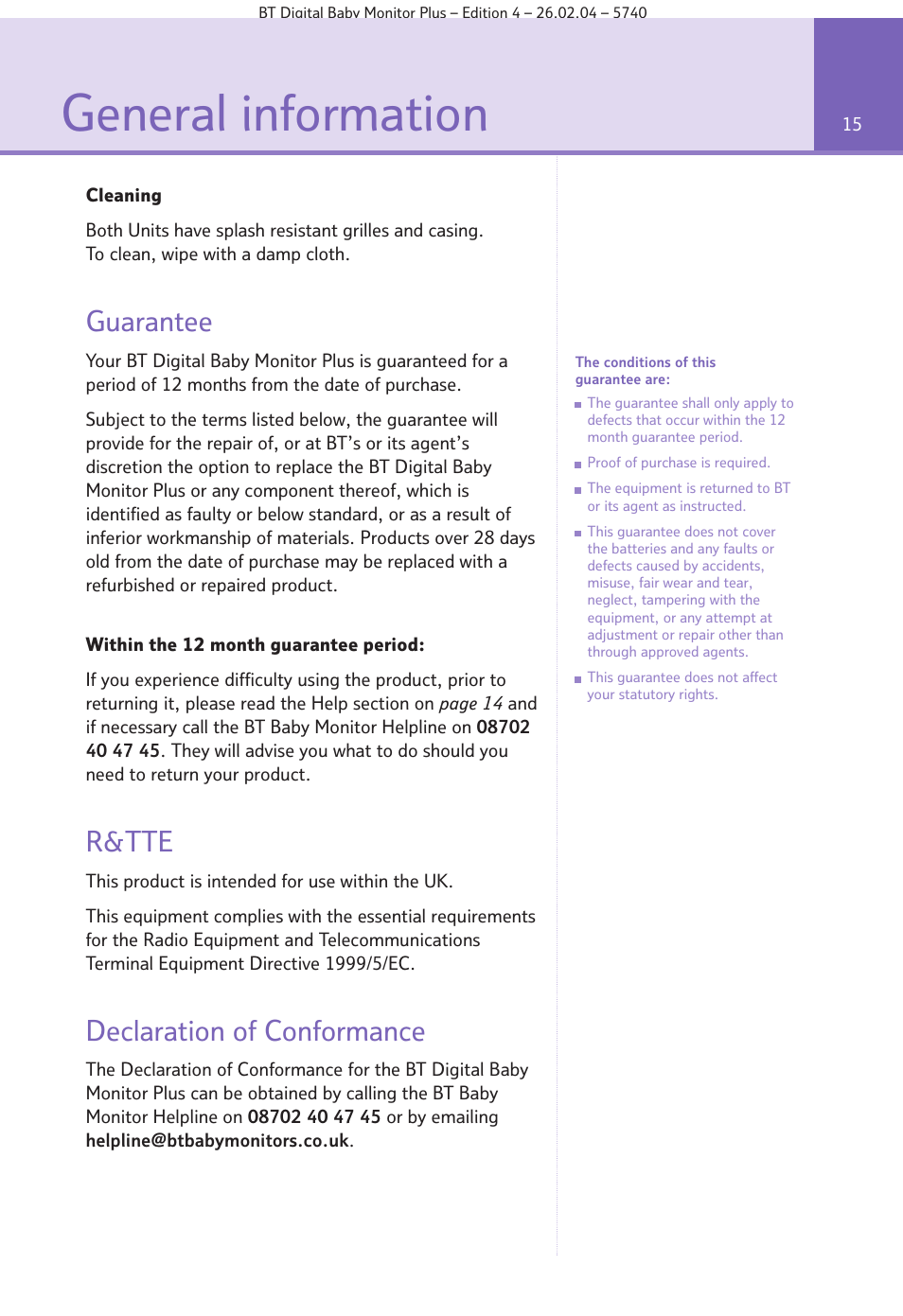 General information, Guarantee, R&tte | Declaration of conformance | BT Digital Baby Monitor Plus User Manual | Page 15 / 16