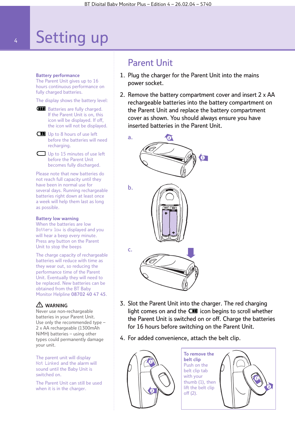 Setting up, Parent unit | BT Digital Baby Monitor Plus User Manual | Page 4 / 16