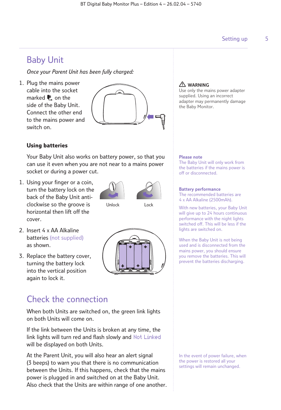 Baby unit, Check the connection | BT Digital Baby Monitor Plus User Manual | Page 5 / 16