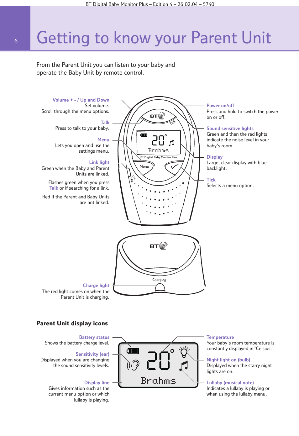 Getting to know your parent unit, Brahms | BT Digital Baby Monitor Plus User Manual | Page 6 / 16