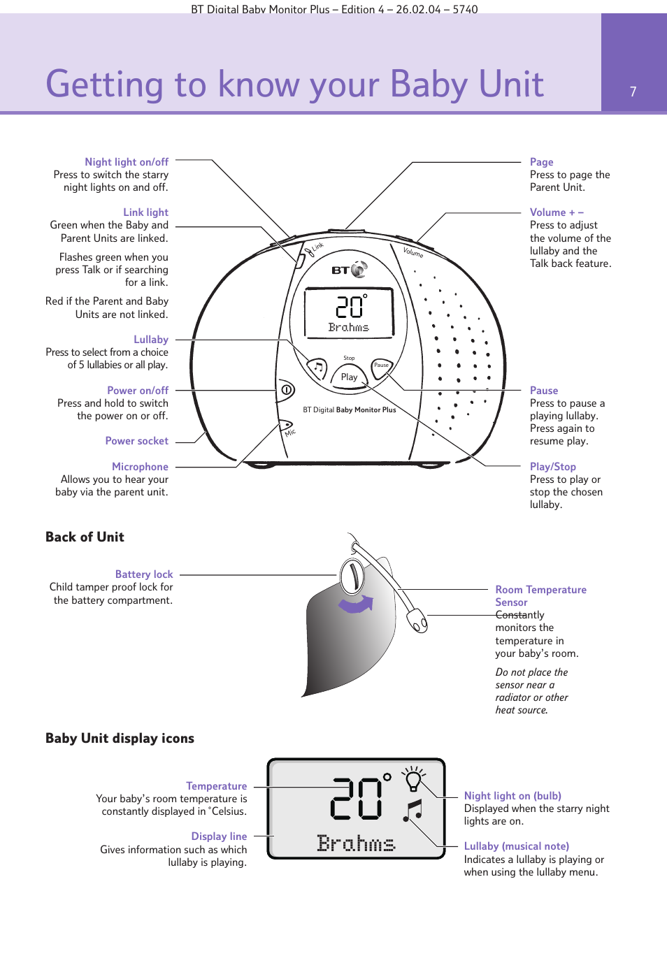 Getting to know your baby unit, Brahms, Baby unit display icons back of unit 7 | BT Digital Baby Monitor Plus User Manual | Page 7 / 16