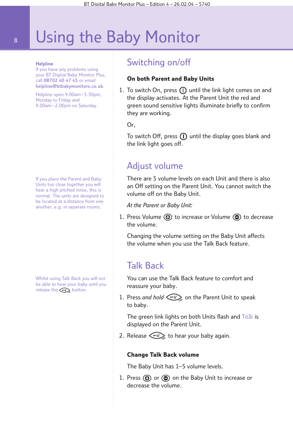 Using the baby monitor, Switching on/off, Adjust volume | Talk back | BT Digital Baby Monitor Plus User Manual | Page 8 / 16