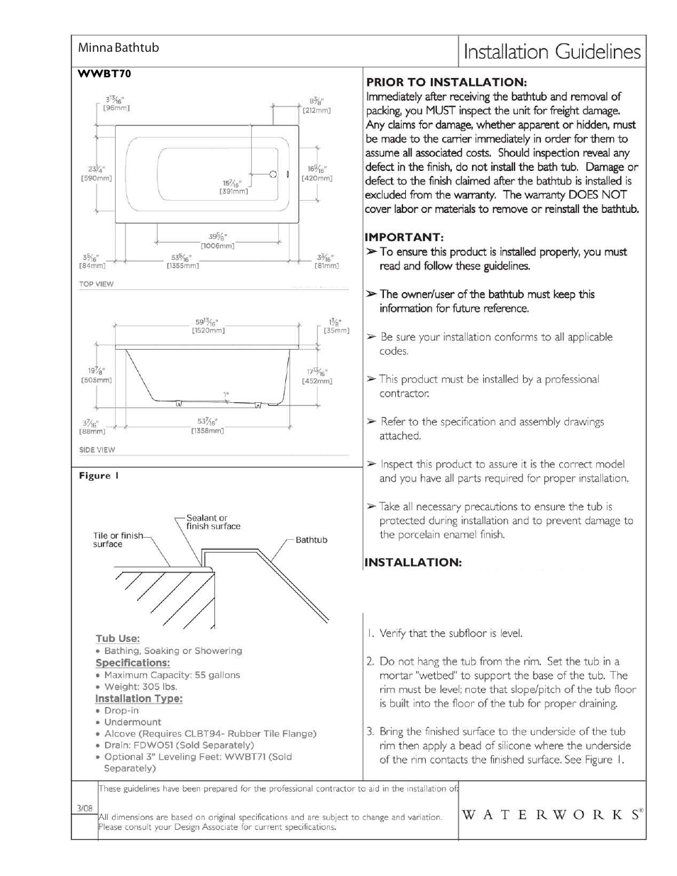 Waterworks Minna 60" x 30 x 20" Rectangular Cast Iron Bathtub" User Manual | 2 pages