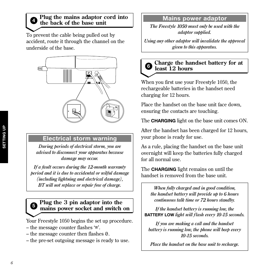 Mains power adaptor, Electrical storm warning | BT 1050 User Manual | Page 10 / 43