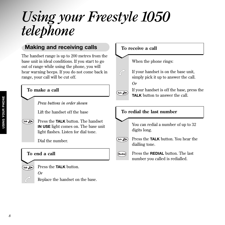 Using your freestyle 1050 telephone, Making and receiving calls | BT 1050 User Manual | Page 12 / 43