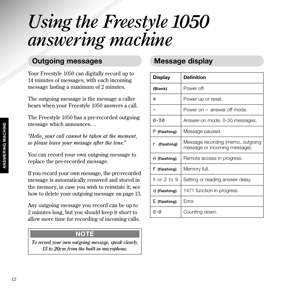 Using the freestyle 1050 answering machine, Outgoing messages, Message display | BT 1050 User Manual | Page 16 / 43