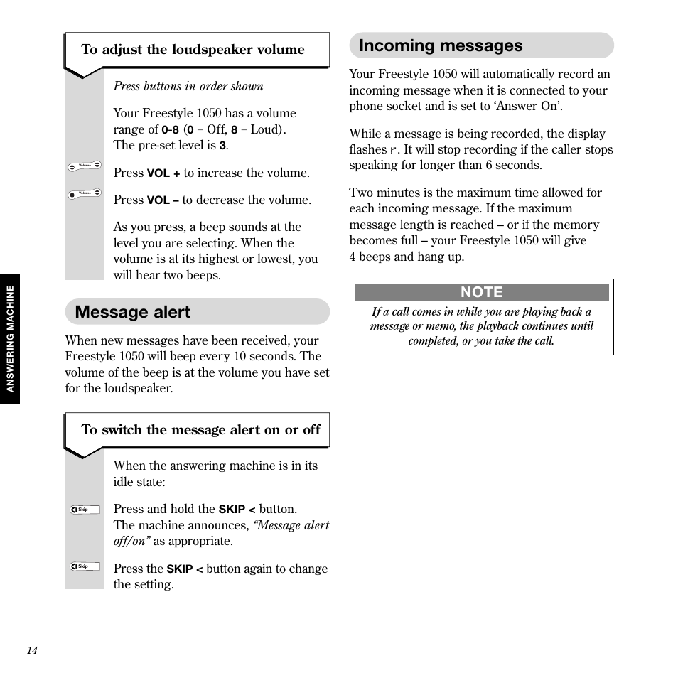 Incoming messages, Message alert | BT 1050 User Manual | Page 18 / 43