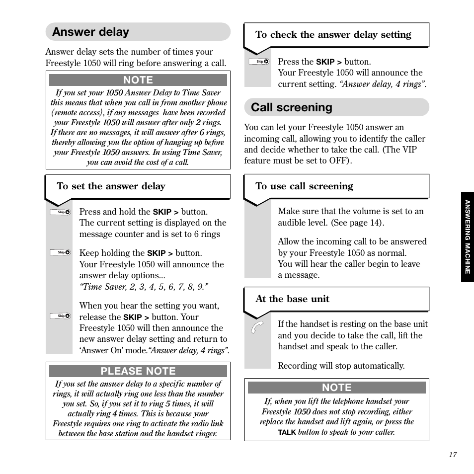 Answer delay, Call screening | BT 1050 User Manual | Page 21 / 43