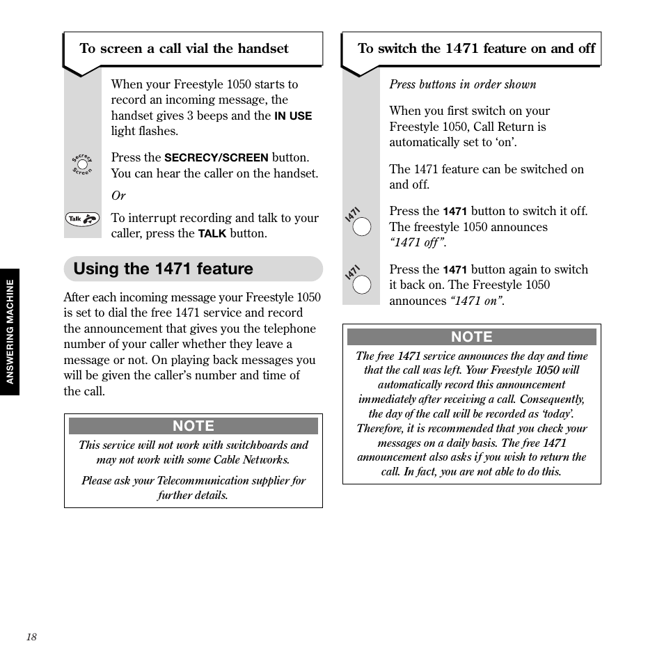 Using the 1471 feature | BT 1050 User Manual | Page 22 / 43