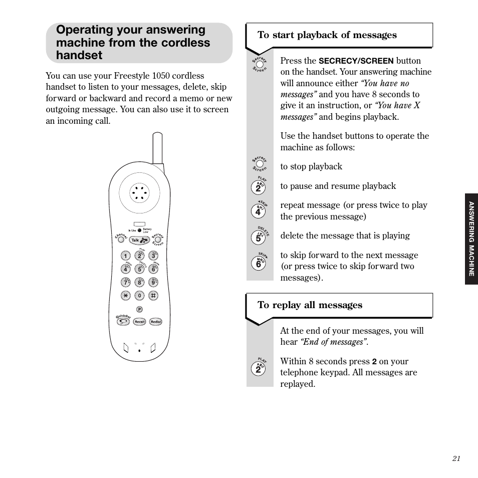 Press the, Secrecy/screen | BT 1050 User Manual | Page 25 / 43