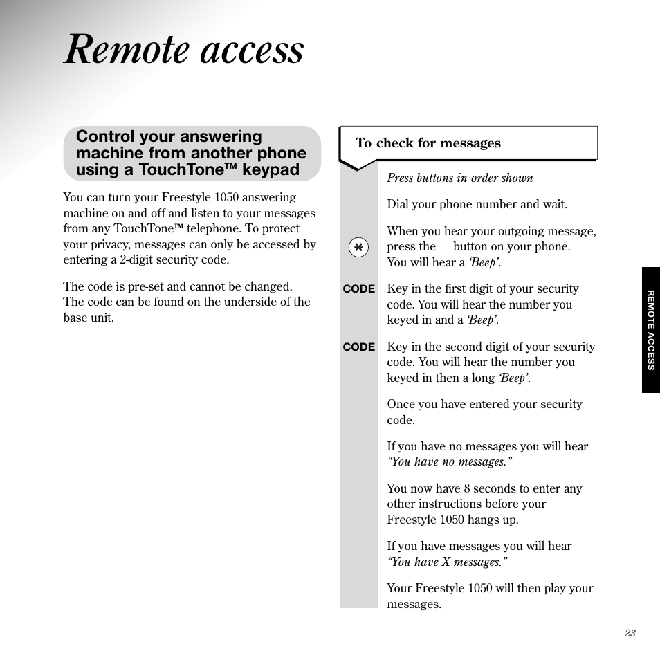 Remote access, Keypad | BT 1050 User Manual | Page 27 / 43