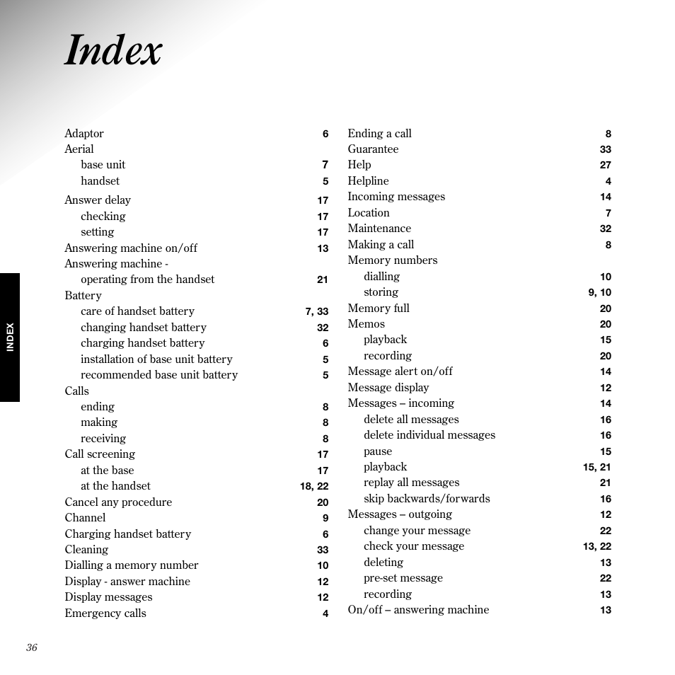 Index | BT 1050 User Manual | Page 40 / 43
