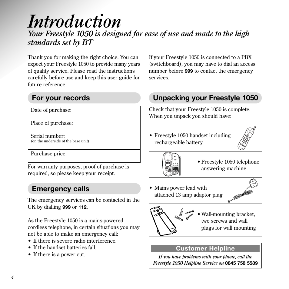 Introduction, For your records, Emergency calls | Unpacking your freestyle 1050, Customer helpline | BT 1050 User Manual | Page 8 / 43