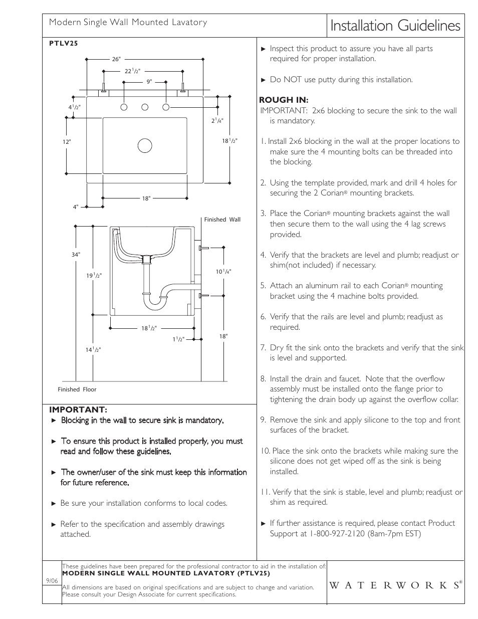 Waterworks 25 Rectangular Single Wall Mounted Corian Lavatory Sink 26" x 18 1/2 User Manual | 1 page