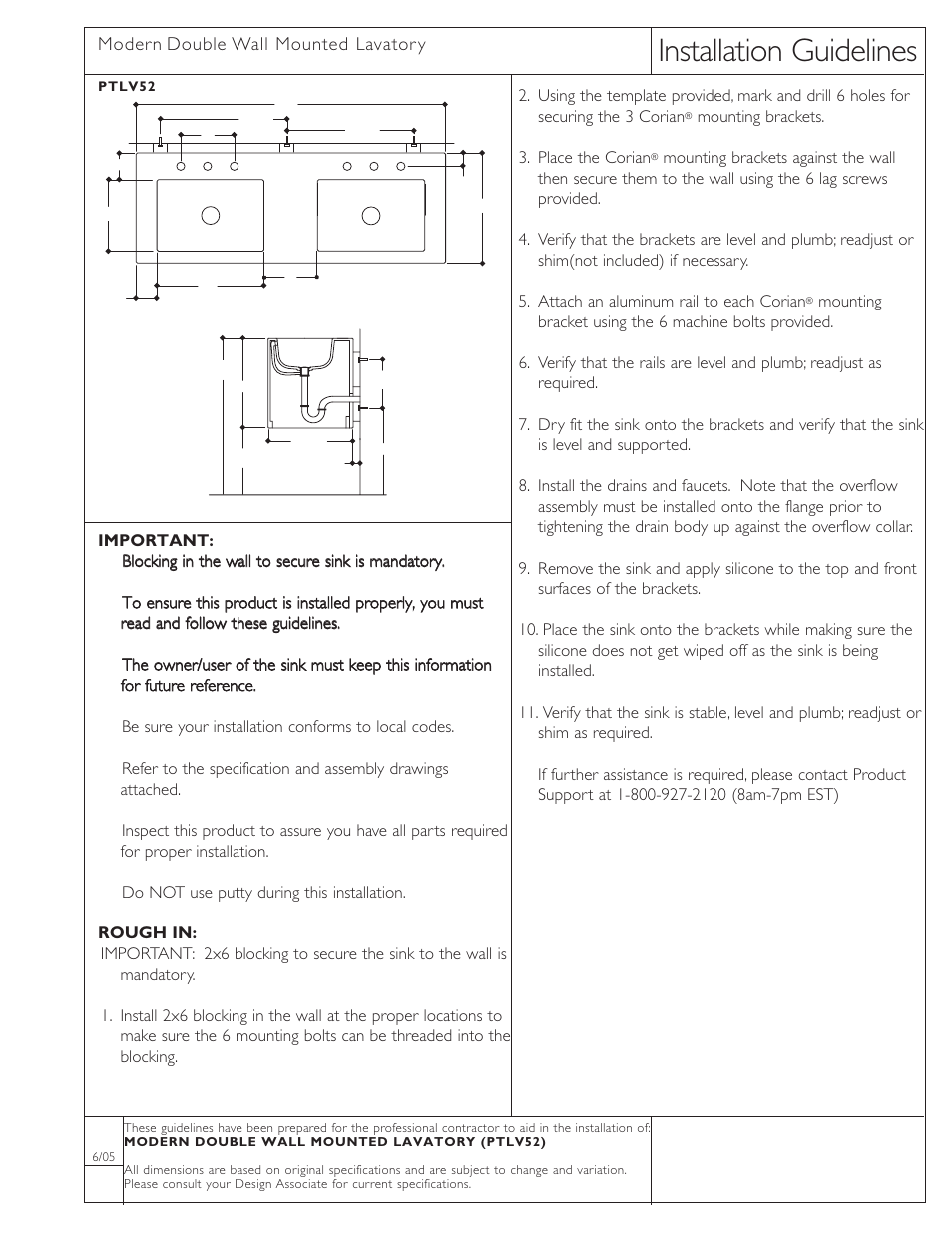 Waterworks 25 Rectangular Double Wall Mounted Corian Lavatory Sink 52" x 20 x 19 1/2" User Manual | 1 page