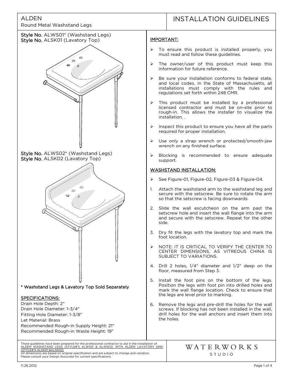 Waterworks Alden Metal Round Two Leg Single Washstand with Backsplash 6" x 18 1/2 x 30 1/8" User Manual | 4 pages