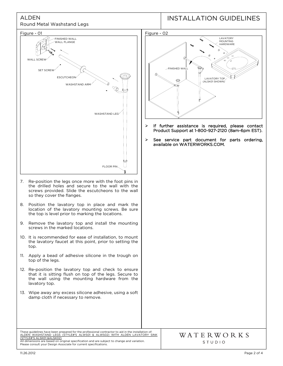 Installation guidelines | Waterworks Alden Metal Round Two Leg Single Washstand with Backsplash 6" x 18 1/2 x 30 1/8" User Manual | Page 2 / 4