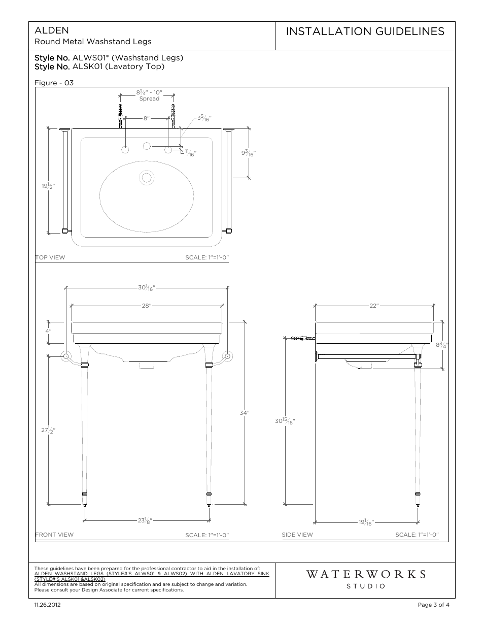 Installation guidelines, Alden | Waterworks Alden Metal Round Two Leg Single Washstand with Backsplash 6" x 18 1/2 x 30 1/8" User Manual | Page 3 / 4