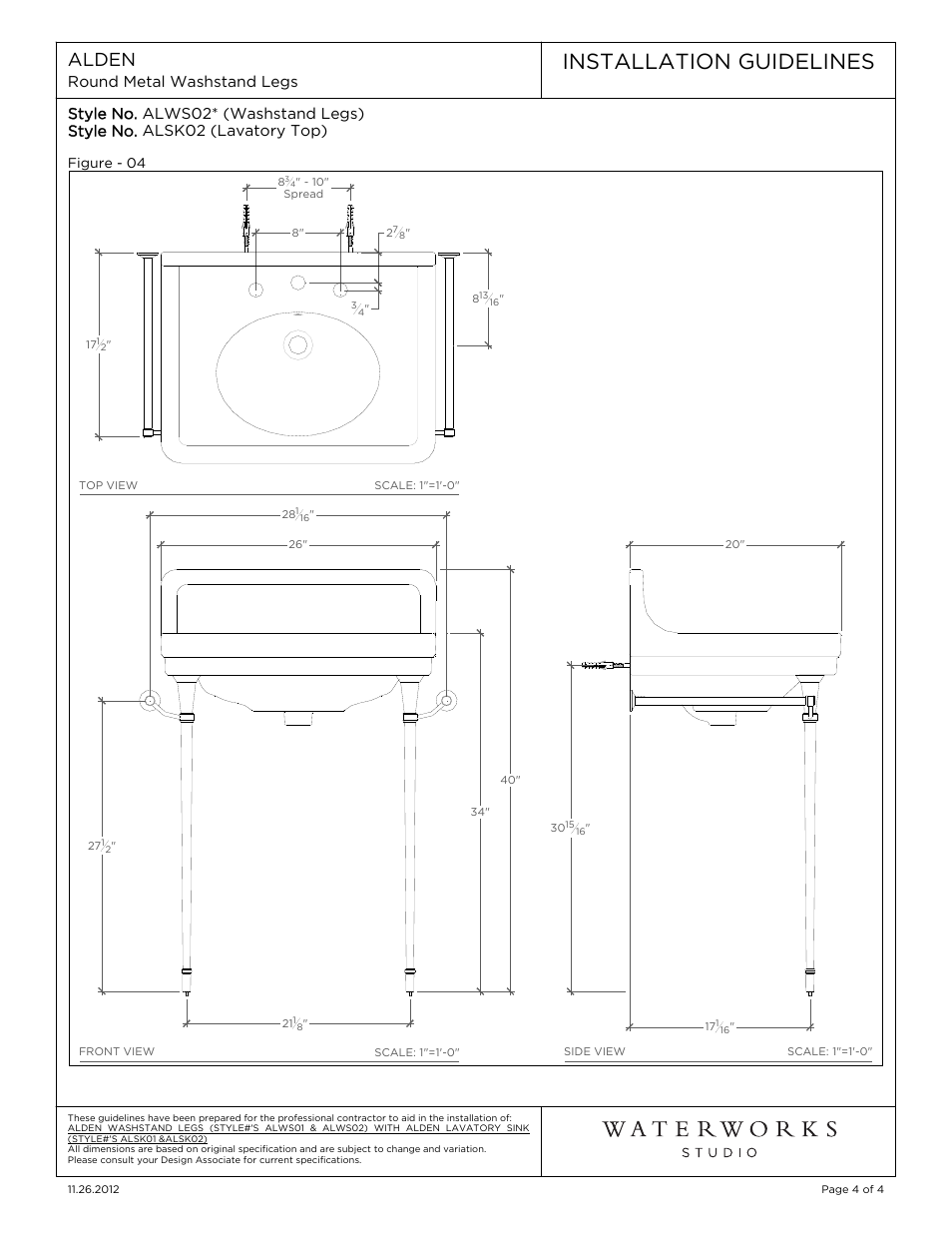 Installation guidelines, Alden | Waterworks Alden Metal Round Two Leg Single Washstand with Backsplash 6" x 18 1/2 x 30 1/8" User Manual | Page 4 / 4