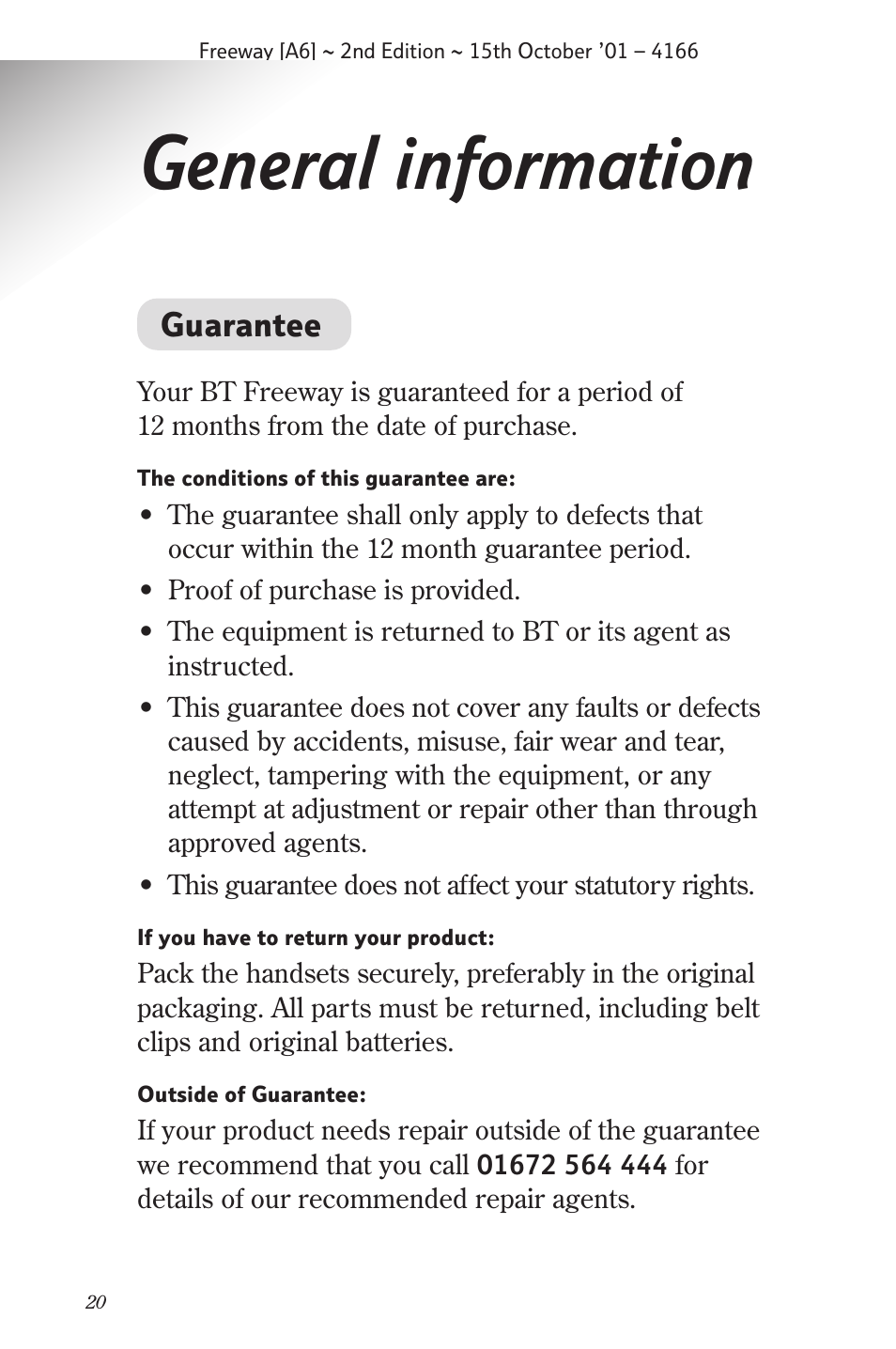 General information, Guarantee | BT A6 User Manual | Page 20 / 22