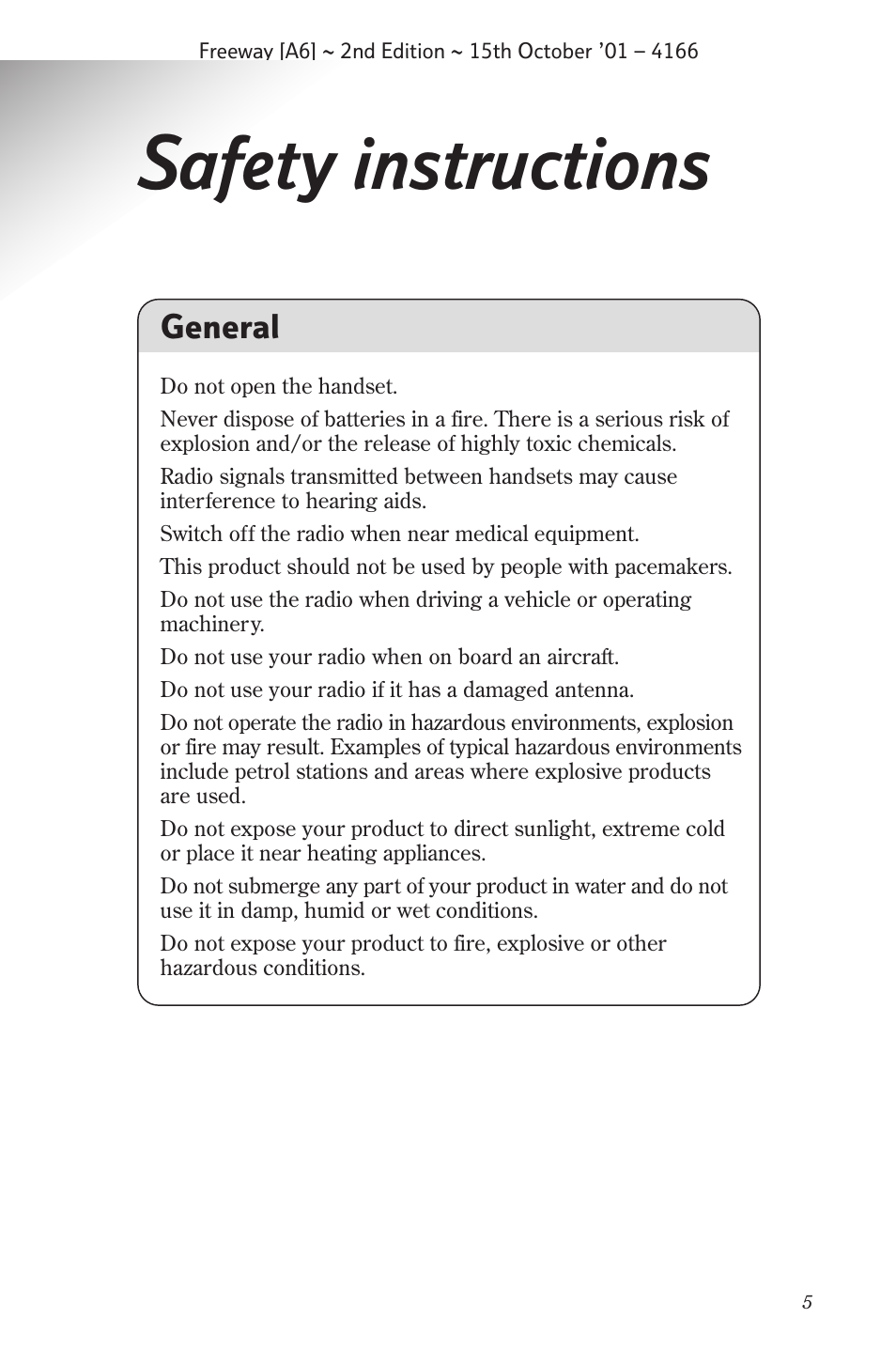 Safety instructions, General | BT A6 User Manual | Page 5 / 22