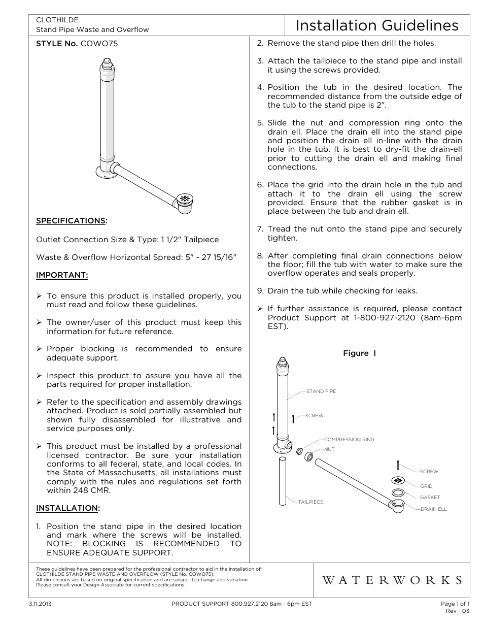 Waterworks Clothilde Stand Pipe Waste and Overflow Drain User Manual | 1 page