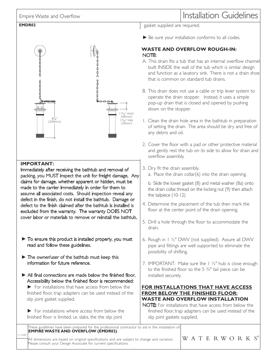 Waterworks Empire Drain Plug Waste and Overflow Drain User Manual | 4 pages