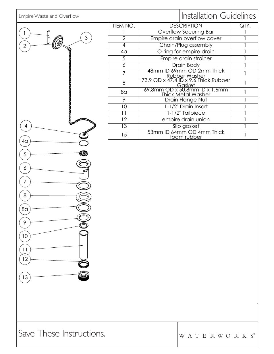 Save these instructions, Installation guidelines, Empire drain system | Waterworks Empire Drain Plug Waste and Overflow Drain User Manual | Page 4 / 4