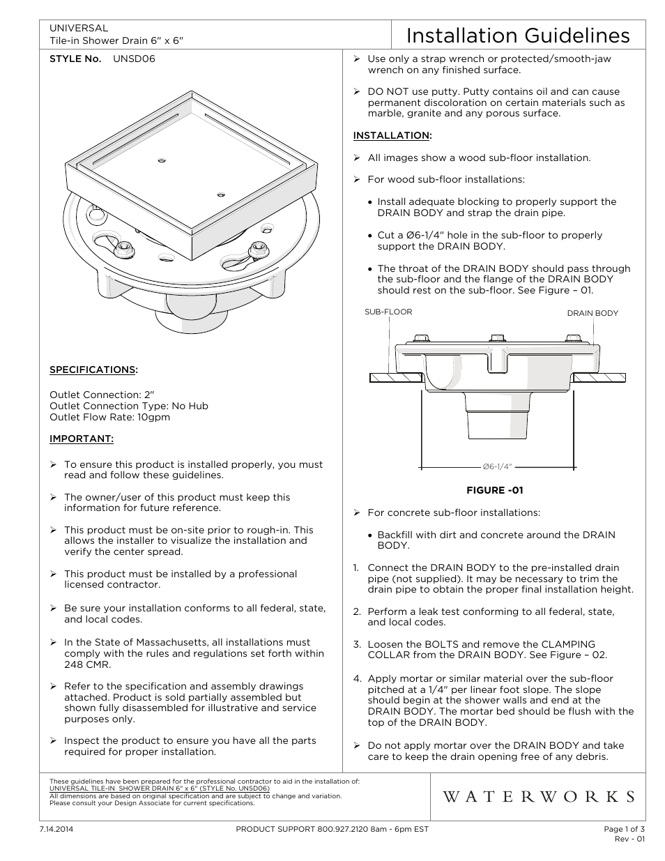 Waterworks Universal Tile-in Shower Drain 6" x 6 User Manual | 3 pages