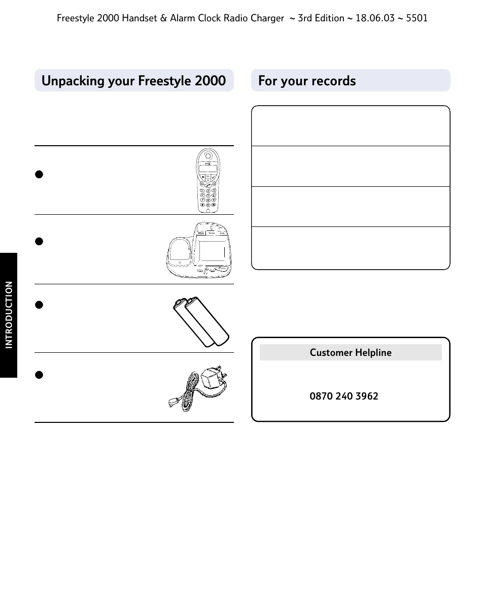 For your records, Unpacking your freestyle 2000, Purchase price | Freestyle 2000 handset, Freestyle alarm clock radio charger, Intr oduction | BT Freestyle 2000 User Manual | Page 10 / 37