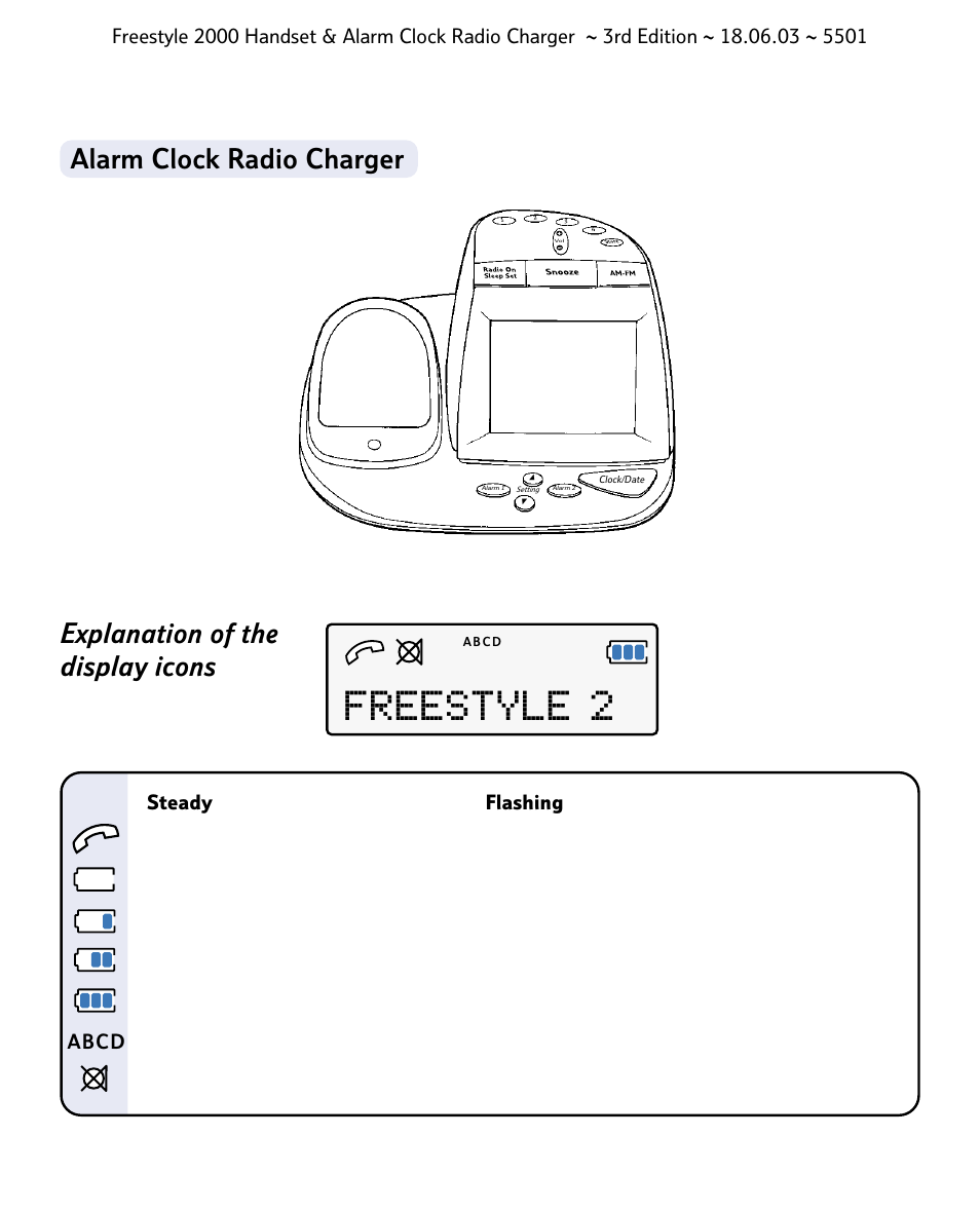 Freestyle 2, Explanation of the display icons, Alarm clock radio charger | BT Freestyle 2000 User Manual | Page 5 / 37