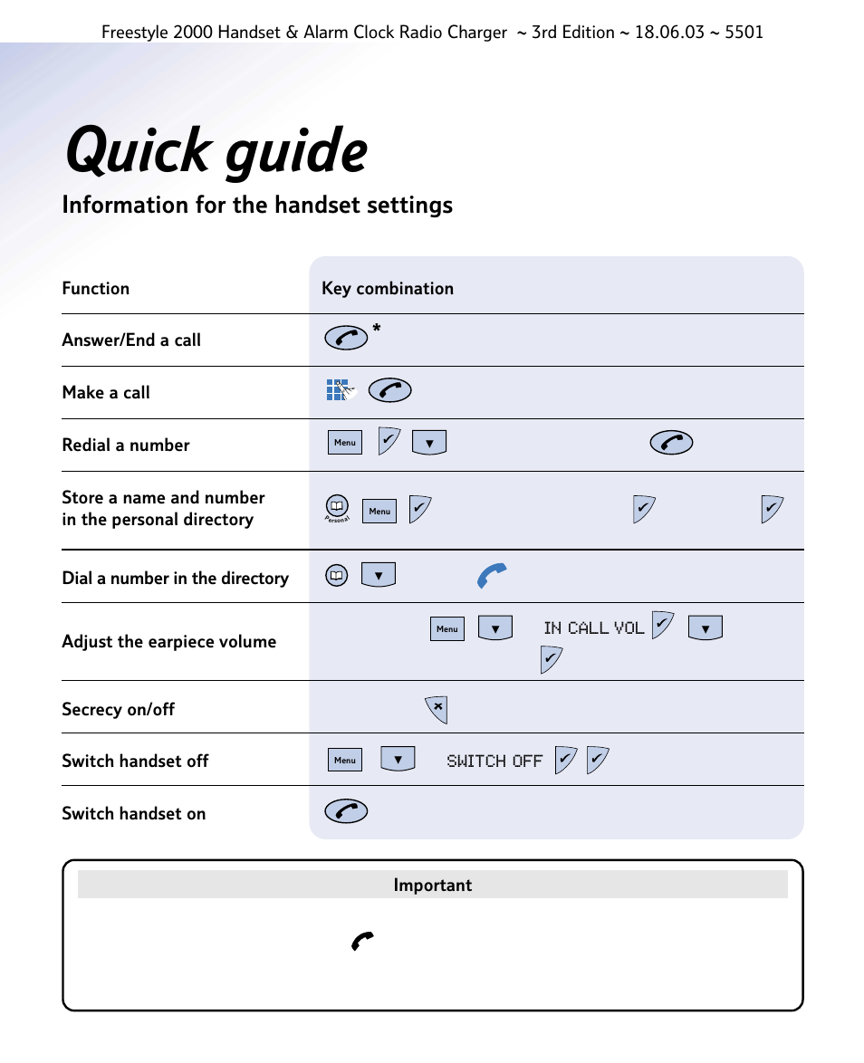 Quick guide, Information for the handset settings | BT Freestyle 2000 User Manual | Page 7 / 37