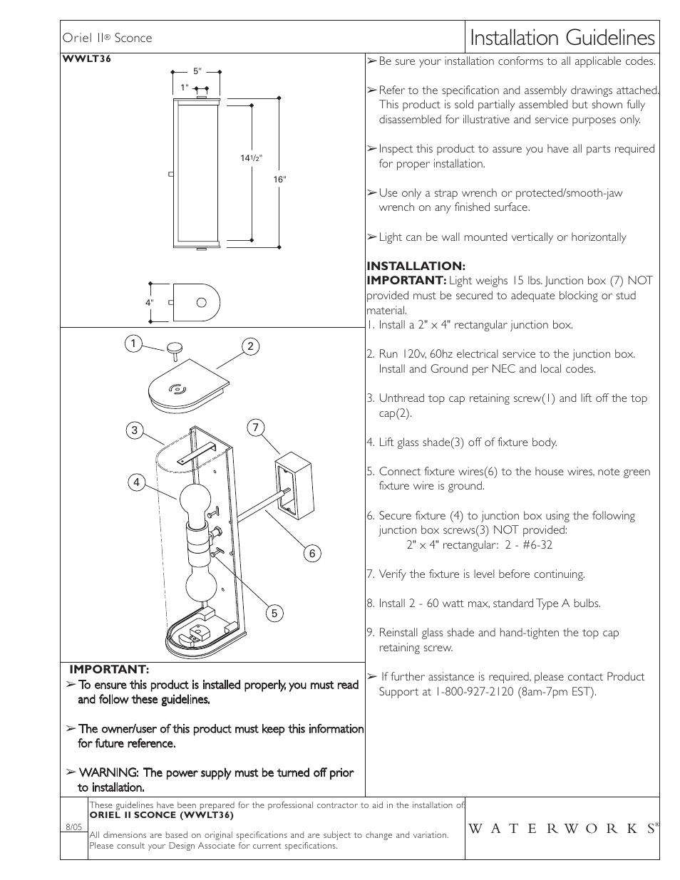 Waterworks Oriel II Wall Mounted Single Arm Sconce with Cylinder Shade User Manual | 1 page