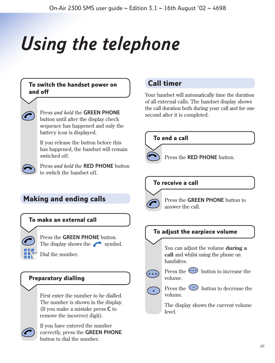Using the telephone, Making and ending calls, Call timer | BT studio 2300 SMS User Manual | Page 11 / 43