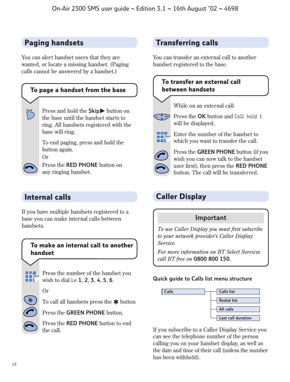 Internal calls, Transferring calls, Caller display | Paging handsets, Important | BT studio 2300 SMS User Manual | Page 14 / 43