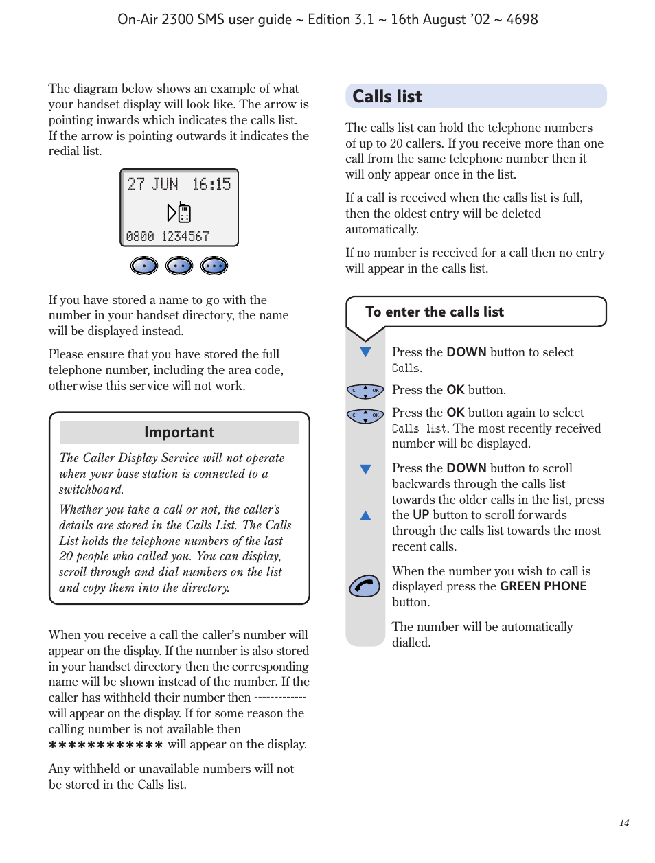 Calls list, Important | BT studio 2300 SMS User Manual | Page 15 / 43