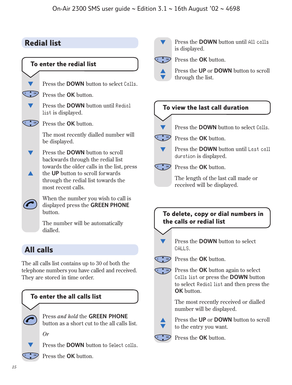 All calls, Redial list | BT studio 2300 SMS User Manual | Page 16 / 43