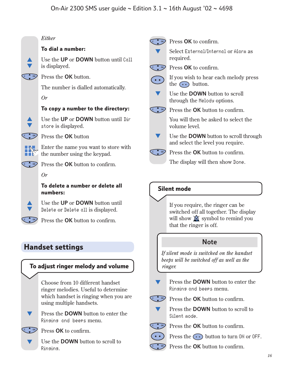 Handset settings, Silent mode | BT studio 2300 SMS User Manual | Page 17 / 43