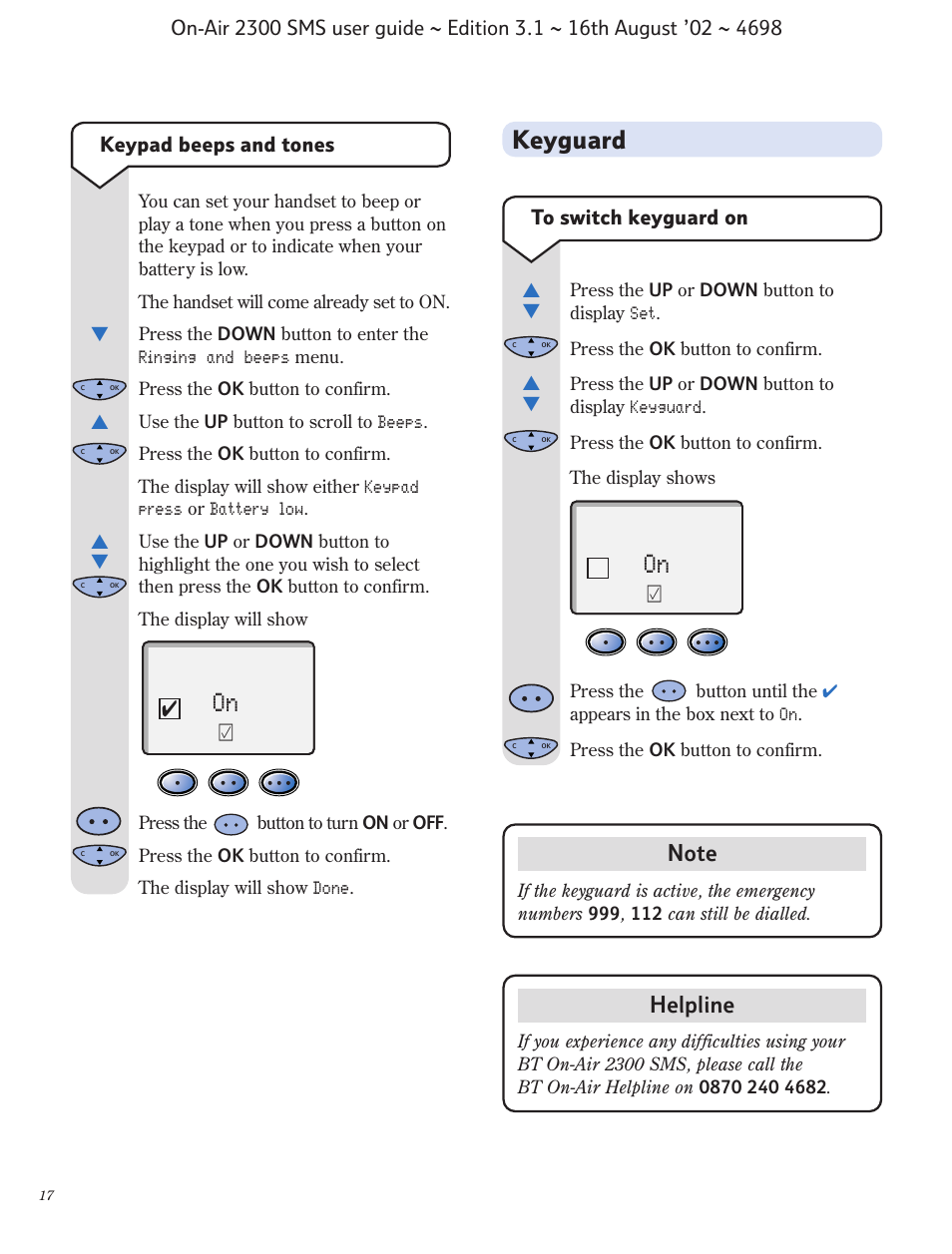 Keyguard, Helpline, Keypad beeps and tones | BT studio 2300 SMS User Manual | Page 18 / 43
