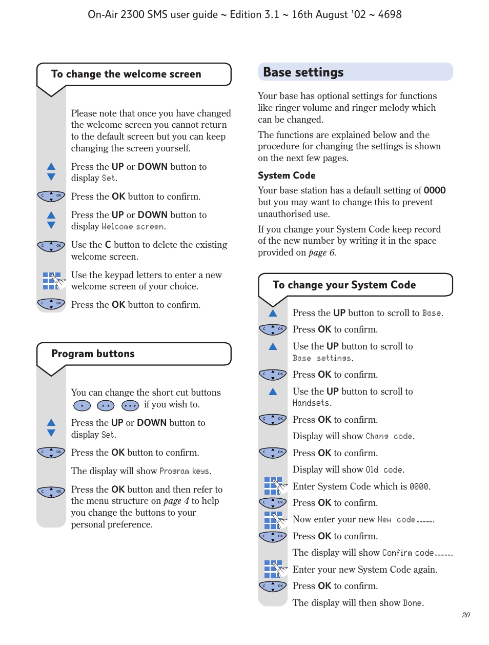 Base settings, Program buttons | BT studio 2300 SMS User Manual | Page 21 / 43