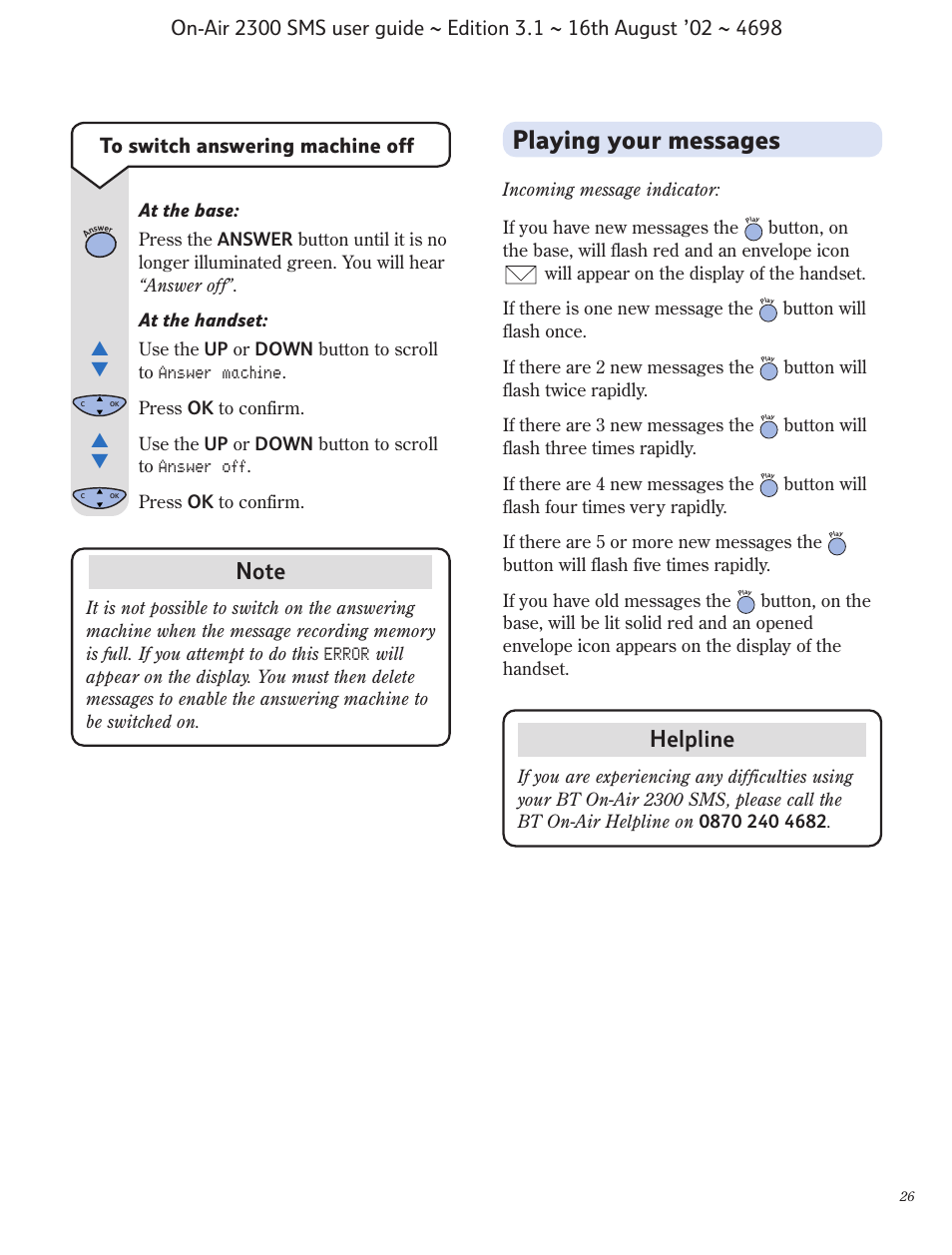 Playing your messages, Helpline | BT studio 2300 SMS User Manual | Page 27 / 43