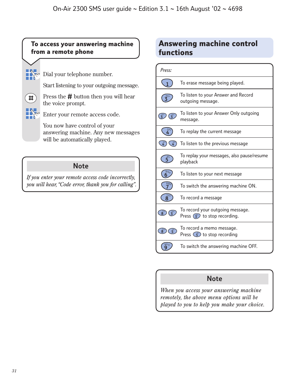Answering machine control functions | BT studio 2300 SMS User Manual | Page 32 / 43