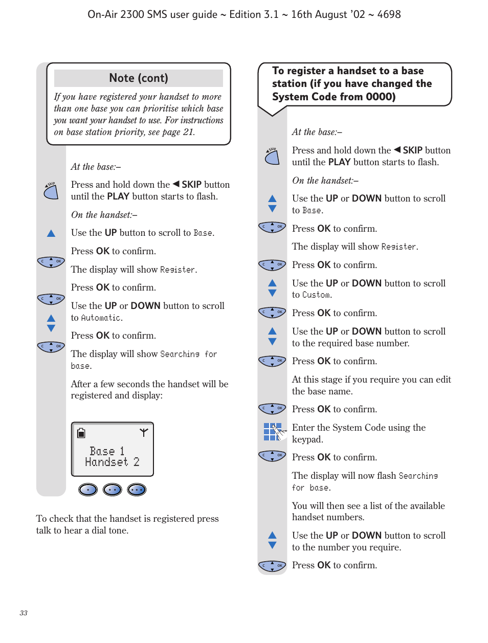 Base 1 handset 2 | BT studio 2300 SMS User Manual | Page 34 / 43