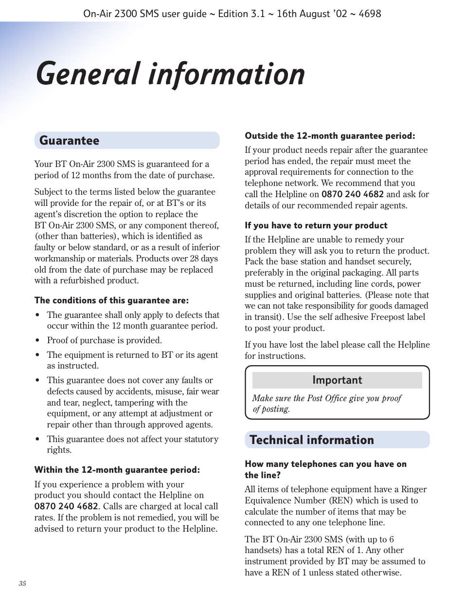 General information, Guarantee, Technical information | BT studio 2300 SMS User Manual | Page 36 / 43