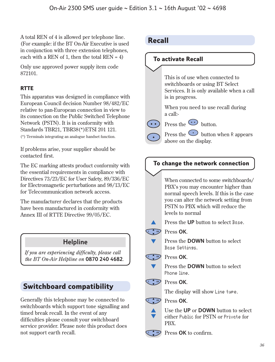 Switchboard compatibility, Recall, Helpline | BT studio 2300 SMS User Manual | Page 37 / 43