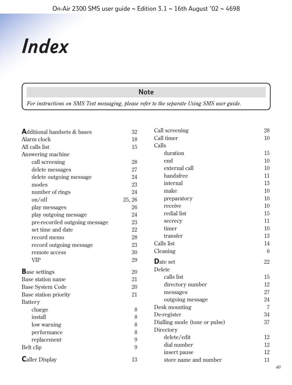 Index | BT studio 2300 SMS User Manual | Page 41 / 43