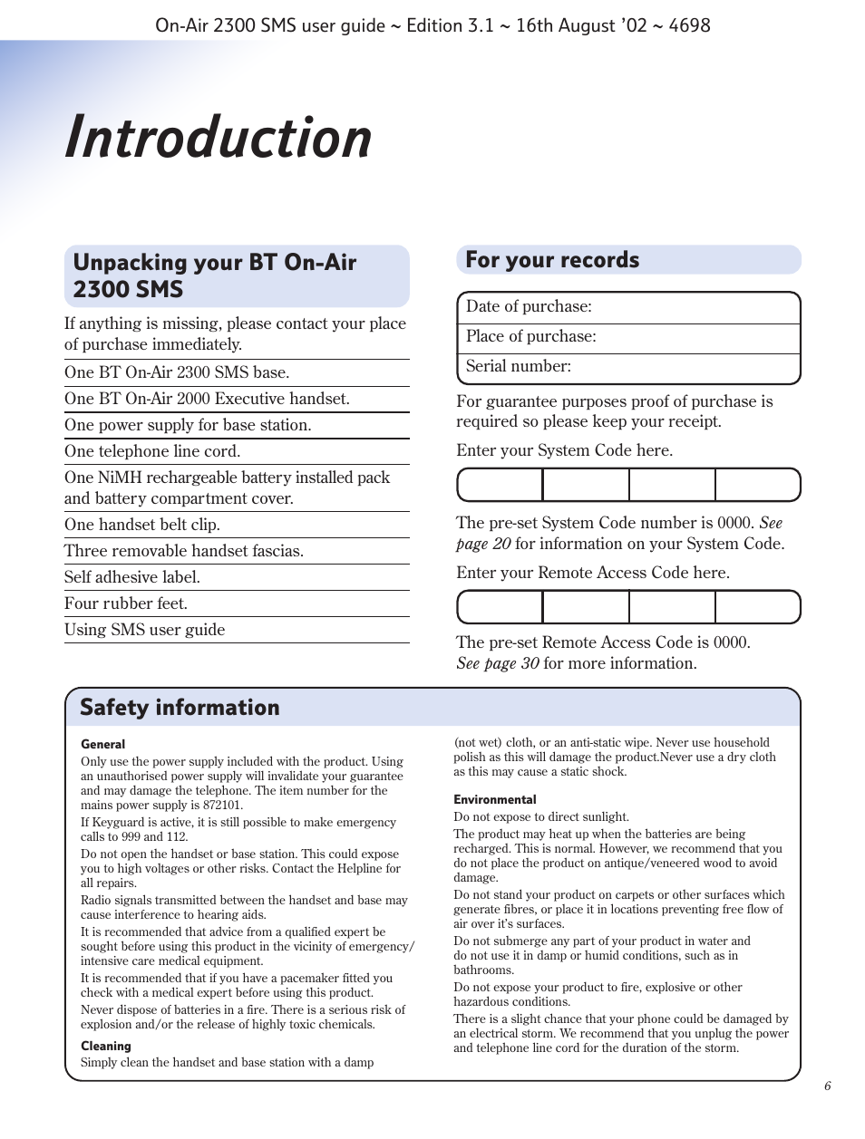 Introduction, Unpacking your bt on-air 2300 sms, For your records | Safety information | BT studio 2300 SMS User Manual | Page 7 / 43