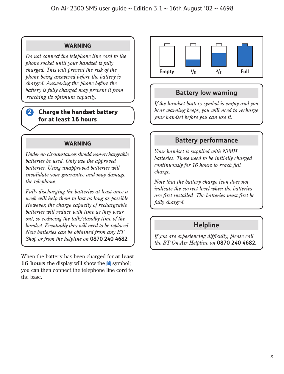 Battery low warning, Helpline, Battery performance | BT studio 2300 SMS User Manual | Page 9 / 43