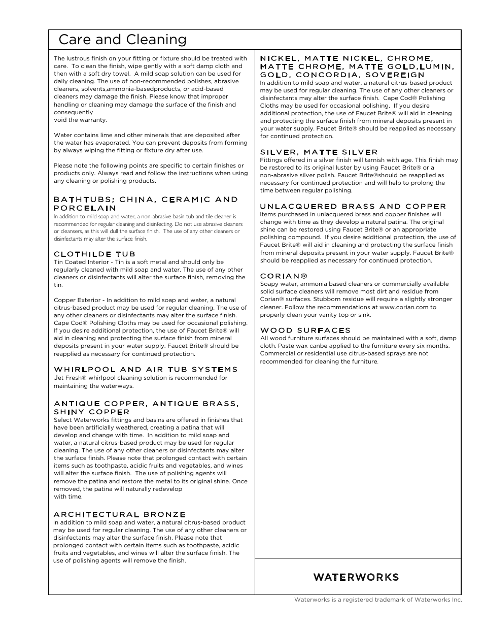 Care and cleaning | Waterworks Sentinel II Ceiling Mounted Round Lighting User Manual | Page 2 / 3