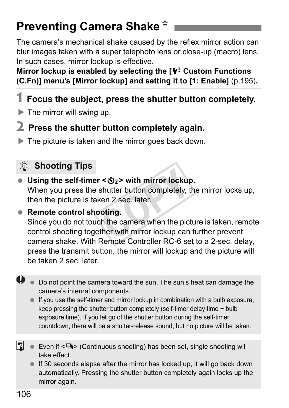 Cop y, Preventing camera shake n | Canon eos rebel T2i User Manual | Page 106 / 260